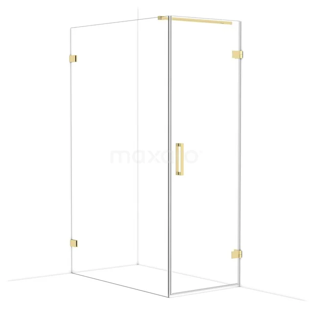 Glass shower wall with gold-coloured details, rectangular design and minimalist look, perfect for a modern bathroom.