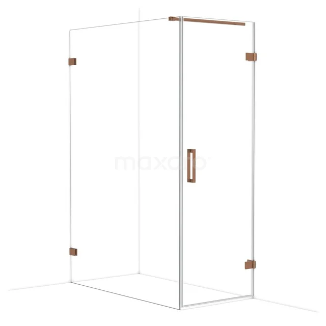 Glazen douchecabine met koperkleurige accenten, hoekinstap en helder glas, ideaal voor een moderne badkamer.