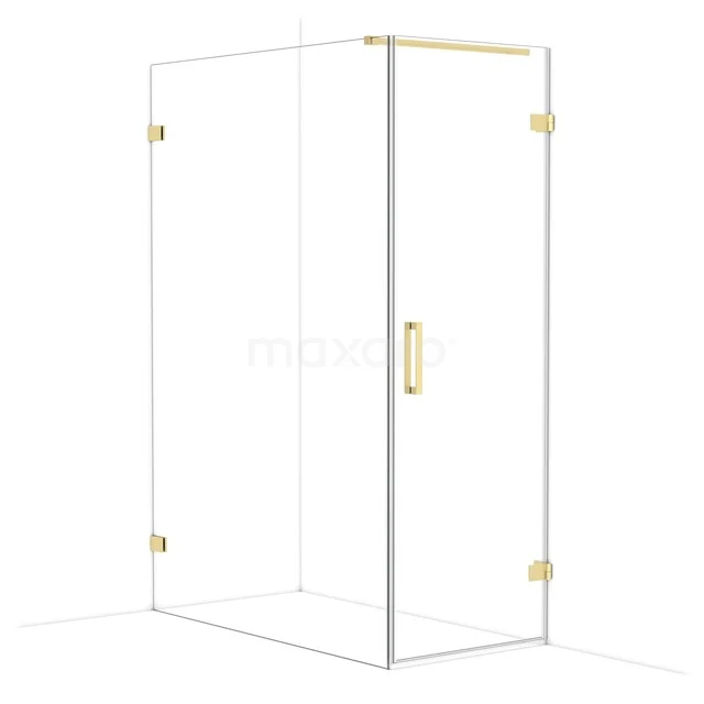 Goldene Glaskabine mit klarem Design, Eckmodell und minimalistischen Details, perfekt für ein stilvolles Badezimmer.