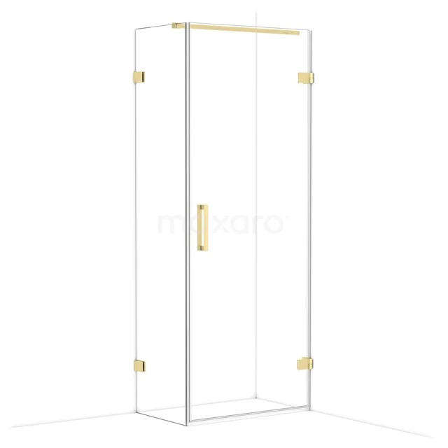 Glass shower cabin with gold accents, minimalist design; ideal for a stylish bathroom upgrade.