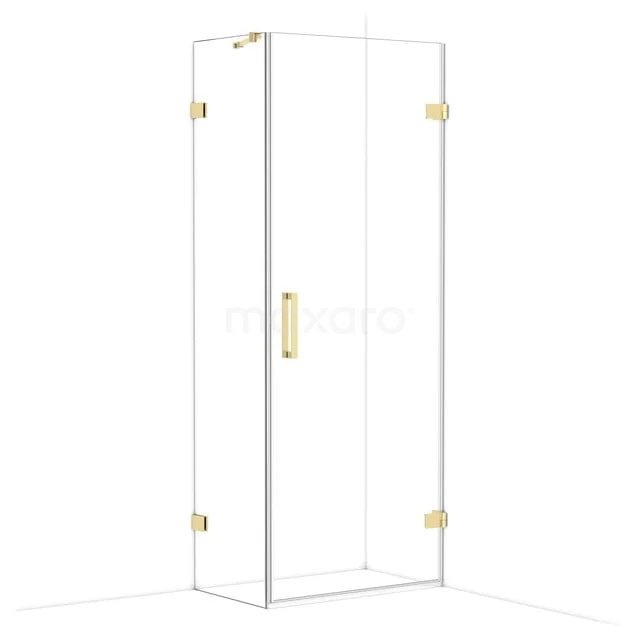 Glass shower cabin with gold-coloured hinges and door handle, modern design for a luxury bathroom.