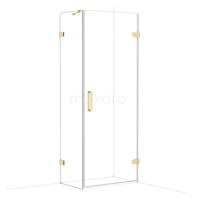Glazen douchecabine met goudkleurige scharnieren en deurklink, modern design voor een luxe badkamer.