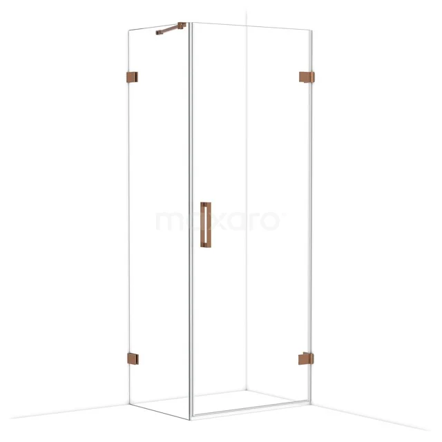 Glass shower cabin with copper details, corner model, modern design, ideal for stylish bathroom decor.