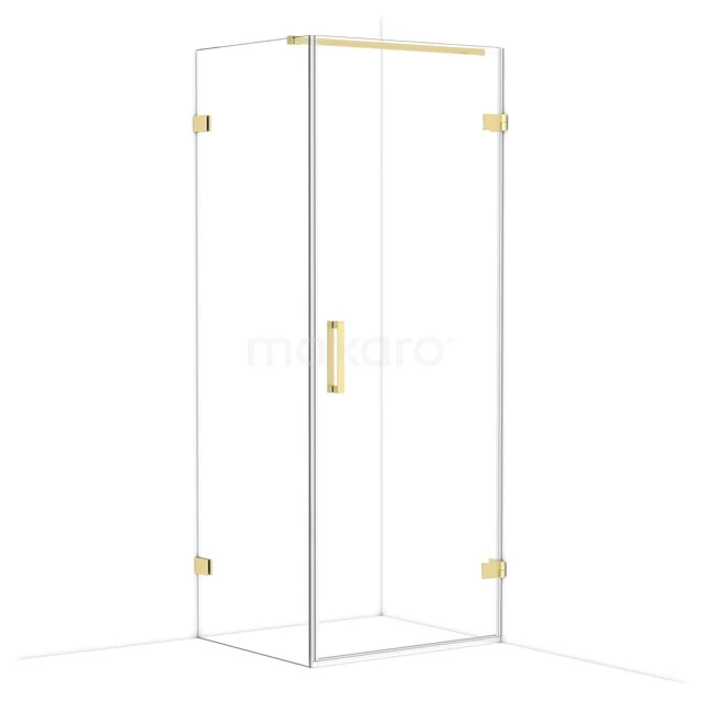 Glass shower cabin with gold-coloured details, hinged door and sleek design, ideal for luxury bathrooms.