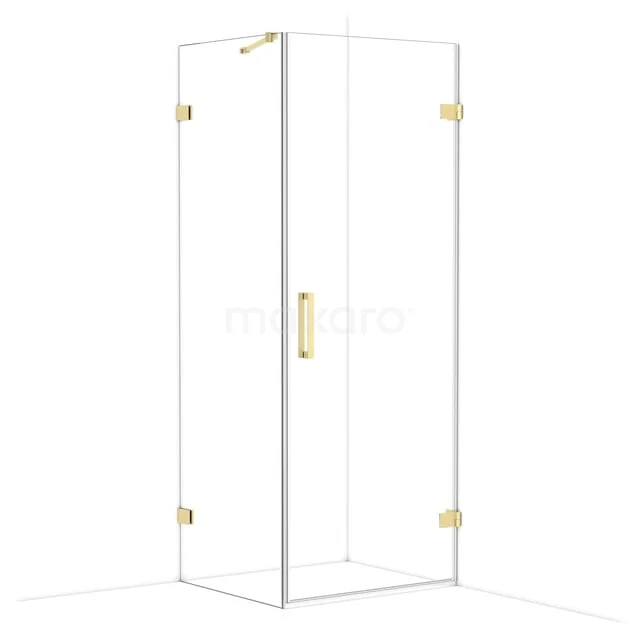 Duschkabine mit goldfarbenen Akzenten, Klarglas und Eckplatzierung; luxuriöse Ergänzung zu einem modernen Badezimmer.