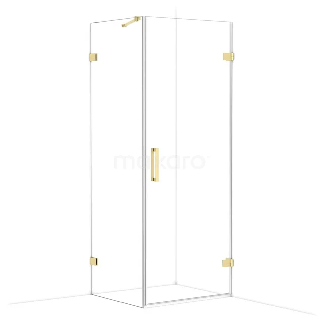 Shower cabin with gold-coloured accents, clear glass, and corner placement; a luxurious addition to a modern bathroom.