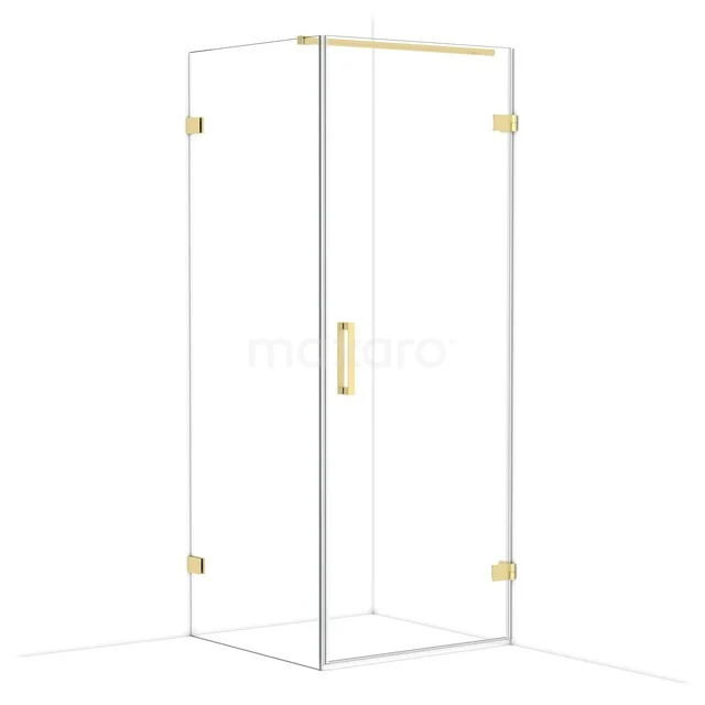 Glasene Duschkabine mit goldenen Details, Eckmodell, luxuriöses Design. Perfekt für ein stilvolles Badezimmer.