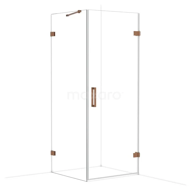 Glass shower cabin with corner entry, transparent glass and rose gold accents, ideal for a luxury bathroom style.