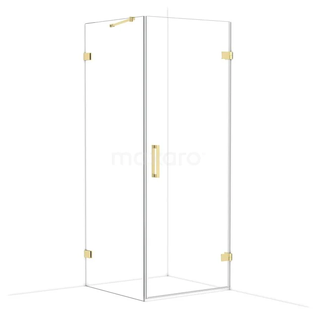 Glas Duschkabine mit goldenen Beschlägen und Eck-Einstieg, minimalistisches Design geeignet für moderne Bäder.