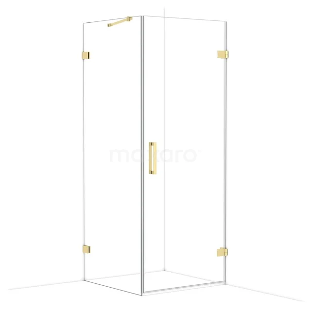 Glass shower cabin with gold details, corner design, ideal for modern bathroom decor.
