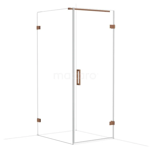 Square shower cabin with glass walls and copper-coloured accents, modern design for a stylish bathroom.