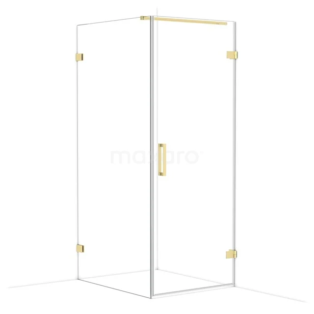 Glass shower cabin with gold accents, sleek design, ideal for a stylish bathroom.