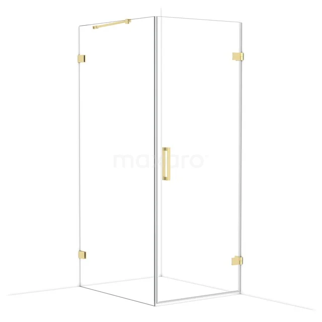 Glas Duschkabine mit Gold Details, Eckmodell mit Klarglas und metallischen Scharnieren, perfekt für ein luxuriöses Badezimmer.