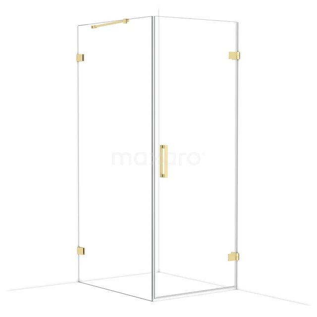Glass shower cabin with gold hinges and handle, corner model, ideal for a luxury bathroom style.
