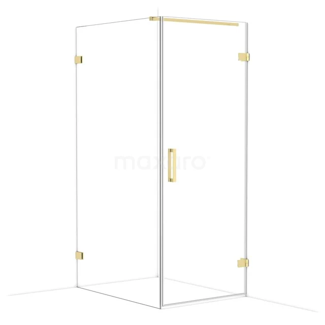 Glass shower cabin with gold details, minimalist design, perfect addition to a modern bathroom.