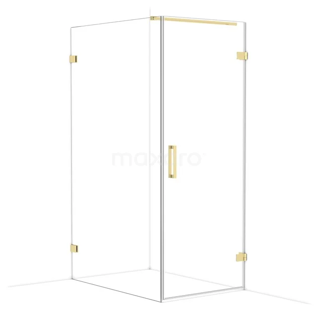 Glas Duschkabine mit Eckeinstieg, goldfarbene Akzente, minimalistisches Design, ideal für ein modernes Badezimmer.