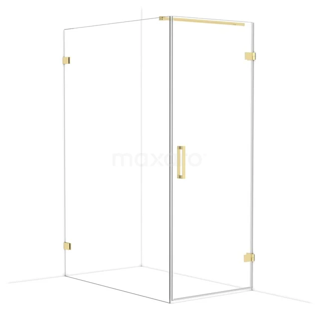 Gold-coloured square glass shower cabin with brass details, elegant design for modern bathrooms.