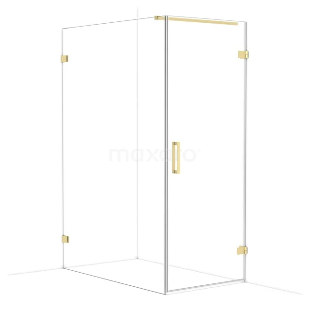 Glass shower cabin with gold accents, frameless design, ideal for a modern bathroom style.
