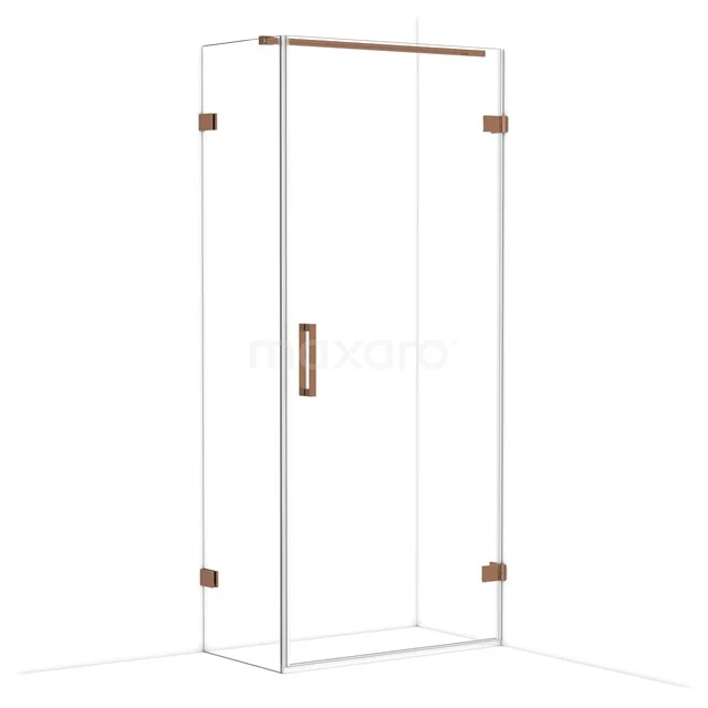 Duschtür mit transparentem Glas und kupferfarbenen Akzenten, stilvolles Design für ein modernes Badezimmer.