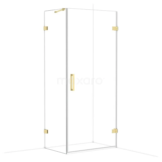 Glass corner shower cabin with gold details, equipped with sliding door, ideal for a modern bathroom design.