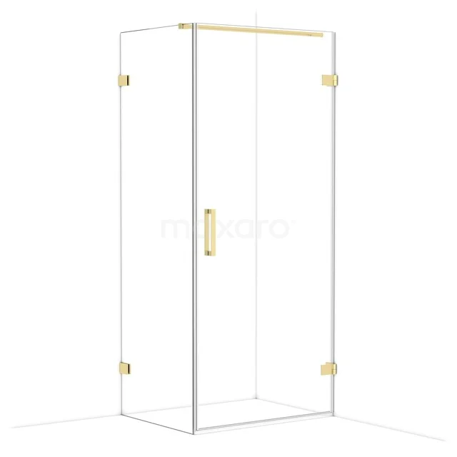 Glas Duschkabine mit Gold Akzenten, elegantes Design und Eckeingang, ideal für ein modernes Badezimmer.