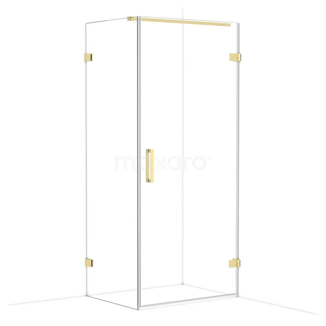 Glass shower cabin with gold-coloured details and a square shape, perfect as a luxury addition in the bathroom.