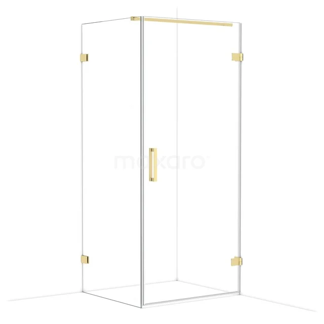 Glas Duschkabine mit goldfarbenen Akzenten, modernes Design, ideal für eine luxuriöse Badezimmergestaltung.