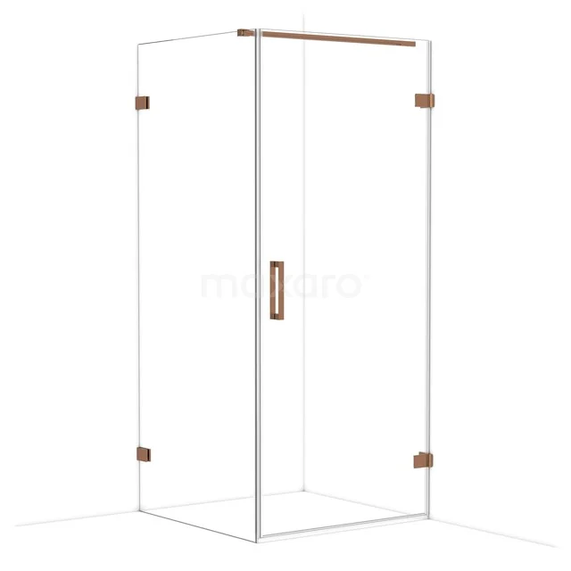 Glass shower cabin with copper-coloured details, sleek design and minimalist finish for a stylish bathroom.