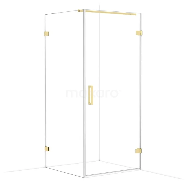 Glazen douchecabine met mat gouden beslag, hoekopstelling en strak design; ideaal voor moderne badkamers.