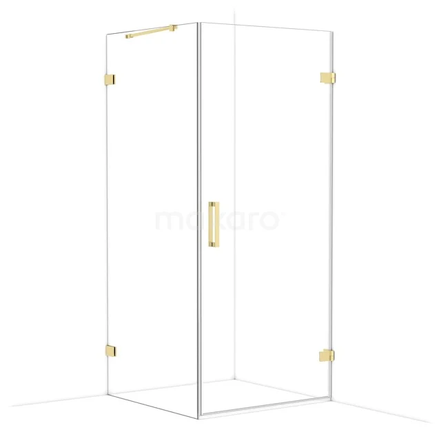 Glass shower cabin with gold accents, corner-shaped design, ideal for a luxury bathroom style.