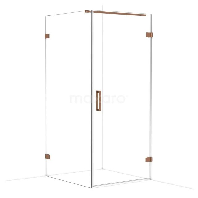Glass shower cabin with corner door and copper-coloured accents, sleek design with a luxurious appearance for modern bathrooms.