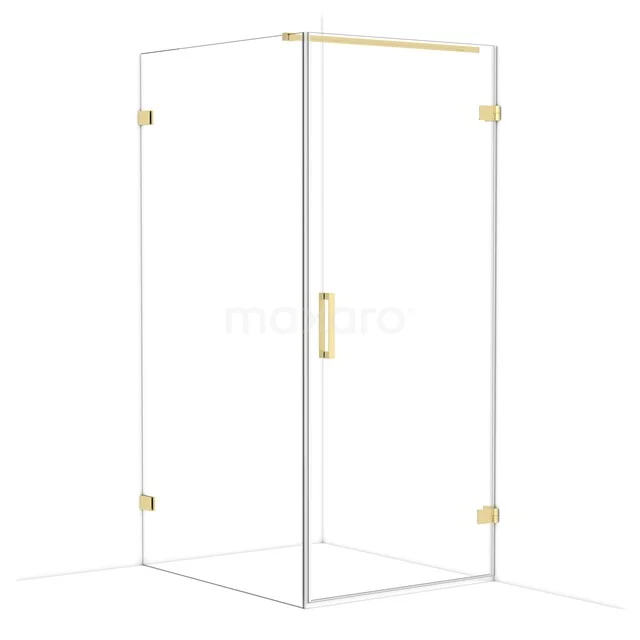 Glass shower cabin with gold fittings and handle, square design, ideal for a modern bathroom.