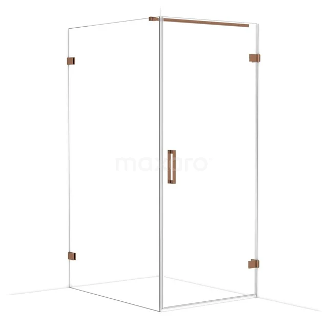 Glazen douchecabine met hoekinstap, stijlvol mat koper beslag, perfect voor moderne badkamers.