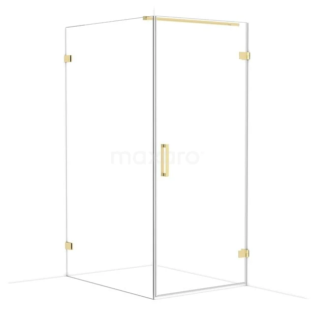 Glas Duschkabine mit Gold Details, quadratische Form und minimalistischem Design, ideal für ein stilvolles Badezimmer.