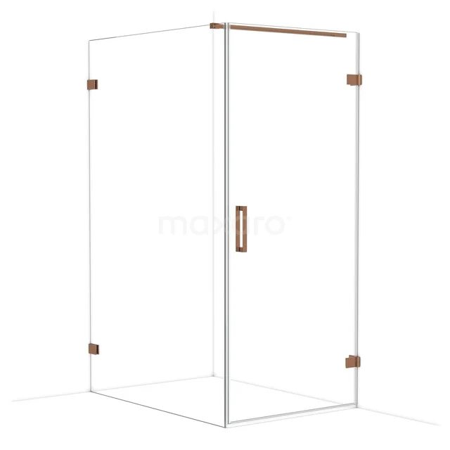 Glass shower door with copper-coloured hinges and handle, fits perfectly in a modern bathroom.