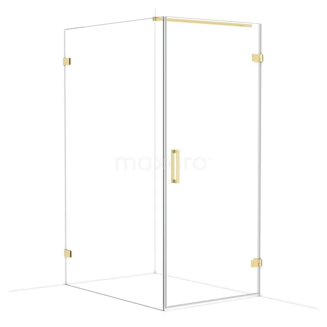 Glass shower wall with corner entry, gold accents and sleek design, perfect as a luxury bathroom solution.