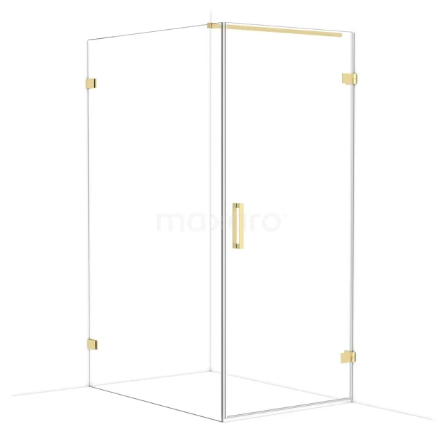 Glass shower cabin with gold details, minimalist design, ideal for a luxury bathroom decor.