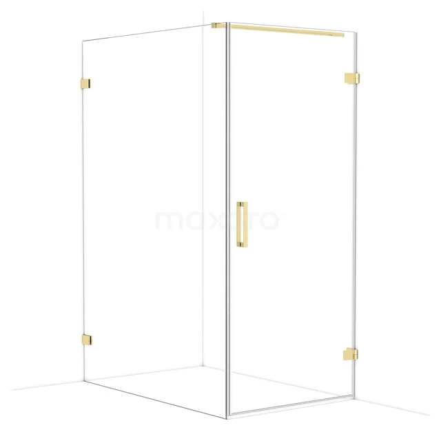 Douchecabine hoekmodel met helder glas, gouden accenten en minimalistisch design, perfect voor een moderne badkamer.