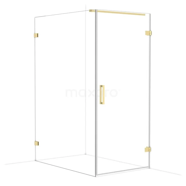 Glass shower wall with gold details, modern niche door and clear glass for luxury bathroom decor.