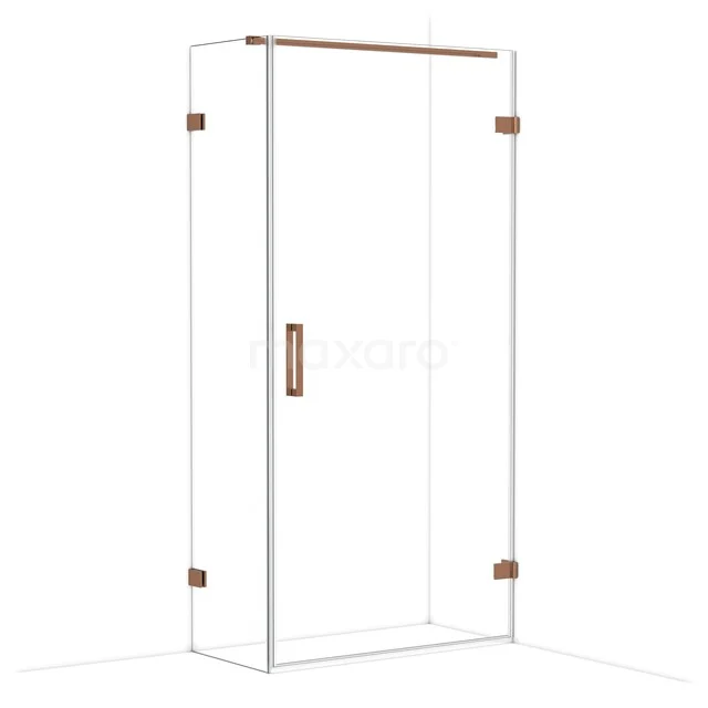 Shower enclosure with clear glass, copper details and a hinged door. Modern design, perfect for a stylish bathroom.