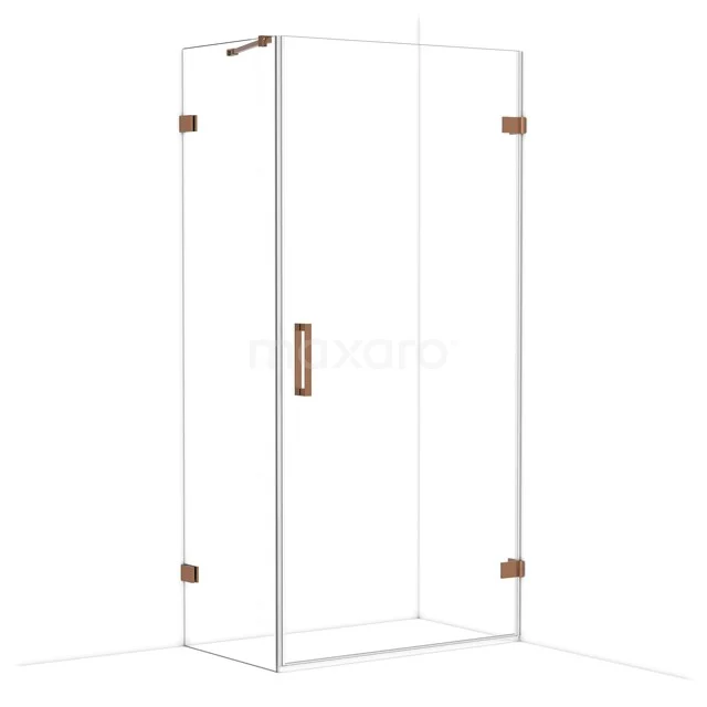 Glass shower cabin with copper accents, sleek design and clear glass, ideal for a modern bathroom.