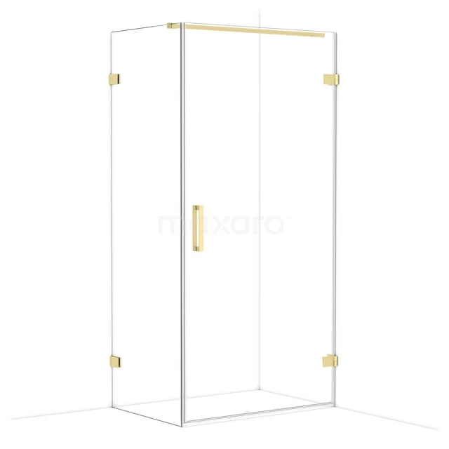 Douchecabine met gouden accenten, glazen wanden en vierkante vorm, ideaal voor een moderne badkamer.