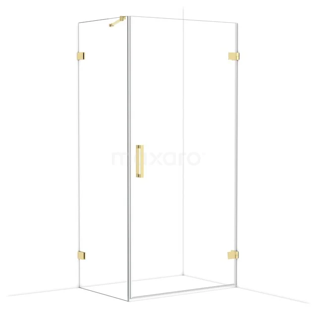 Glass shower cabin with gold accents, angular design, ideal for a stylish bathroom decor.