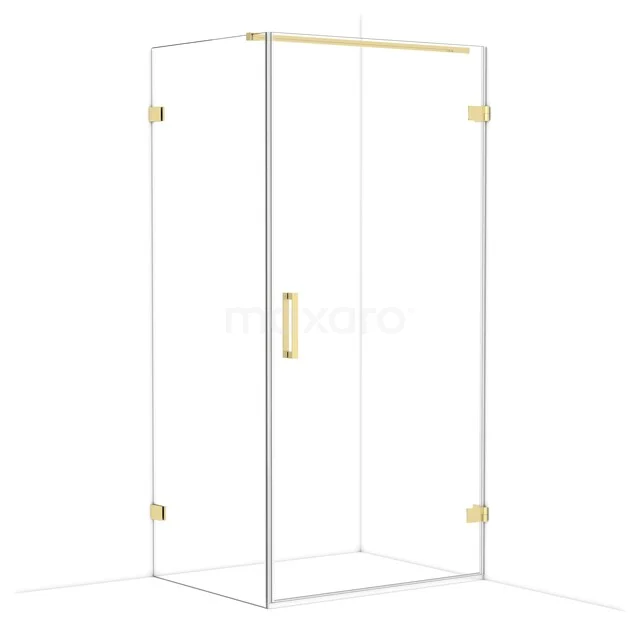 Glas Duschkabine mit goldfarbenen Scharnieren und Haltegriff, zeitloses Design für ein modernes Badezimmer.