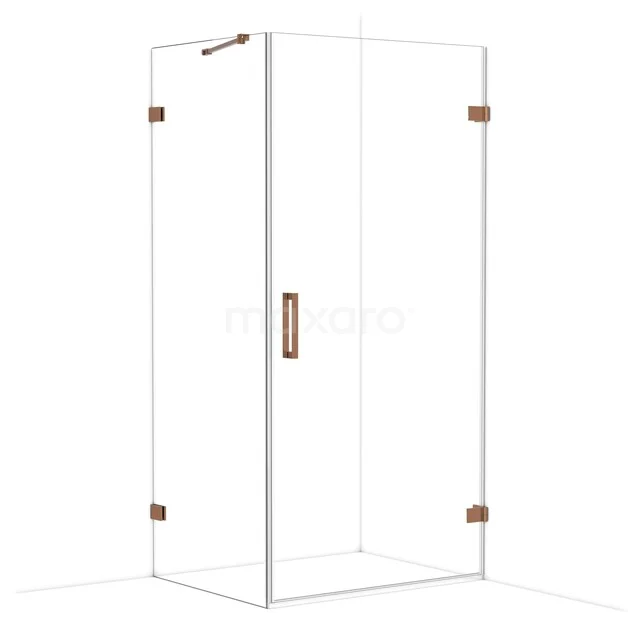 Glass corner shower cabin with copper-coloured details, rectangular design, ideal for stylish bathroom interiors.