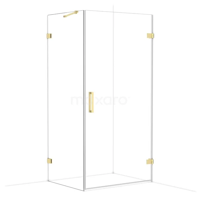 Glas Duschkabine mit goldfarbenen Scharnieren und Haltegriff, Eckmodell, ideal für eine luxuriöse Badezimmer Einrichtung.