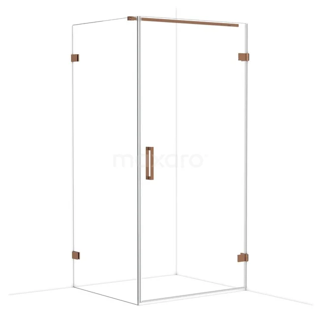 Glass shower cabin with copper-coloured details, sleek design and hinged door, ideal for modern bathrooms.