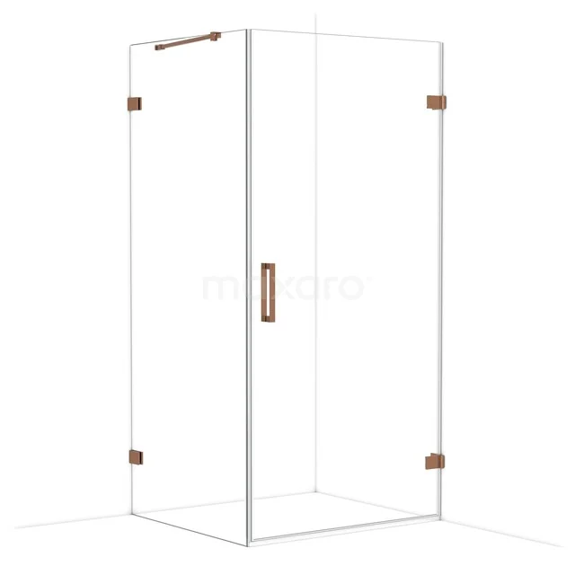 Glazen douchecabine met hoekinstap, helder glas, koperkleurige details, ideaal voor een moderne badkamer.