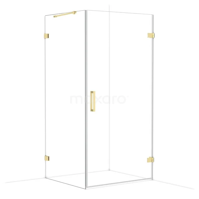 Glass shower cabin with gold-coloured hinges and handle, modern design perfect for a luxury bathroom decor.