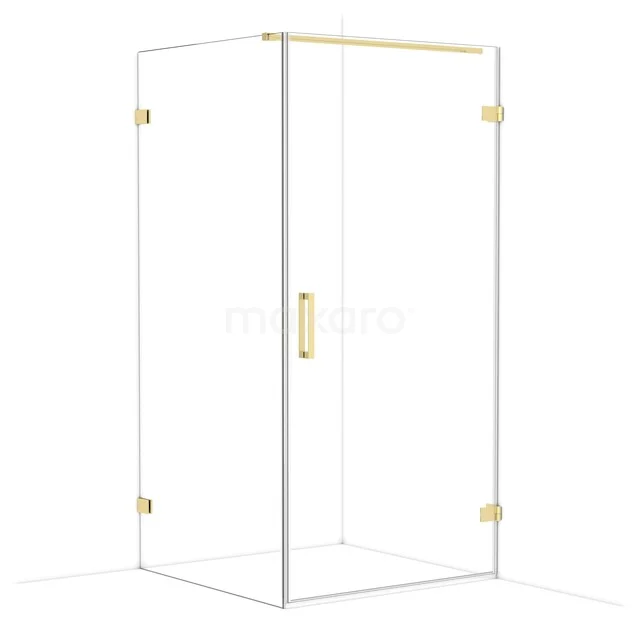 Glass shower cabin with gold-coloured details, square design, modern for luxury bathroom.